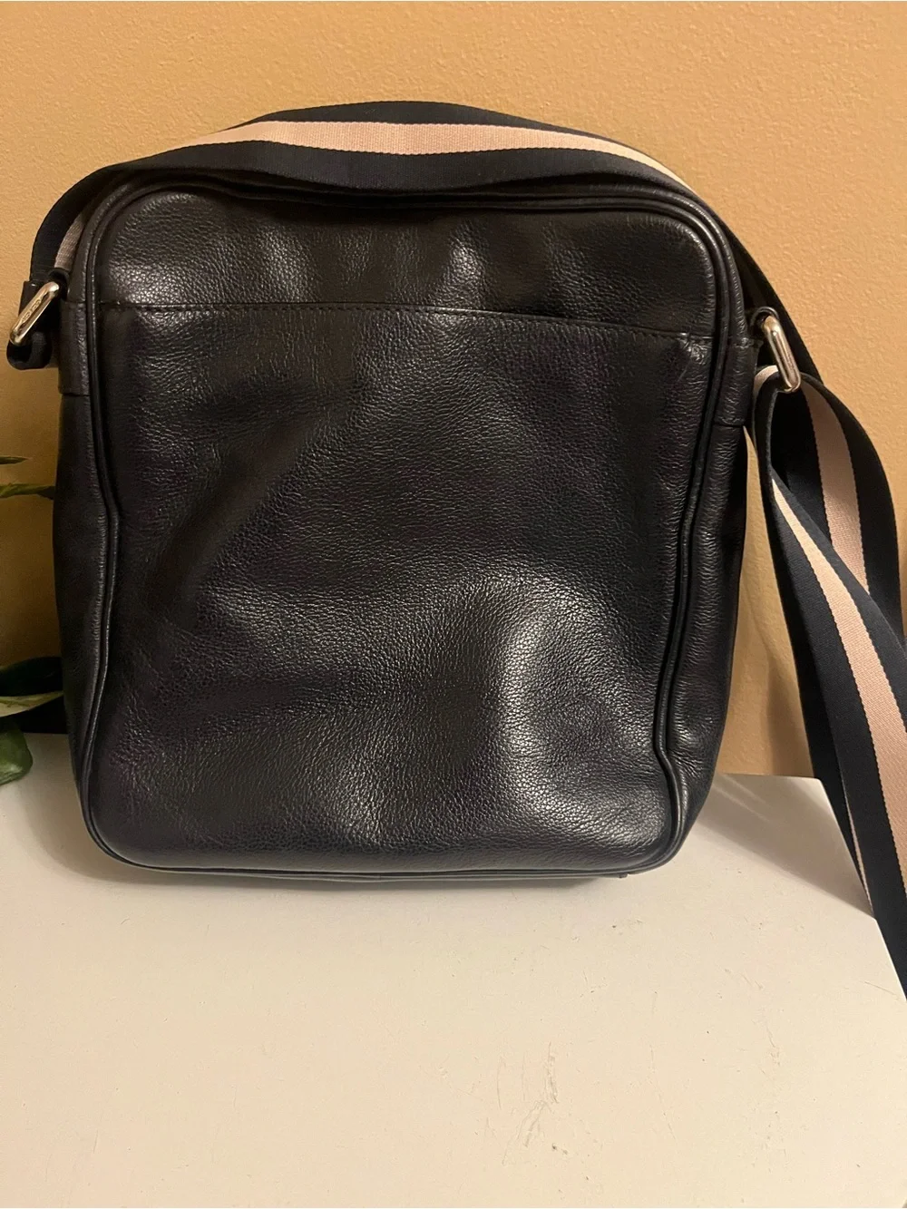 Men's Dark Navy Leather Crossbody Bag with Striped Strap
